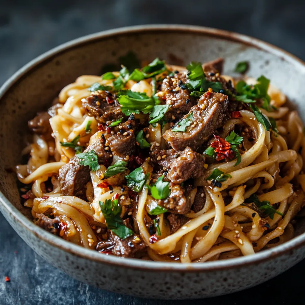 A bowl of noodles with meat and vegetables.