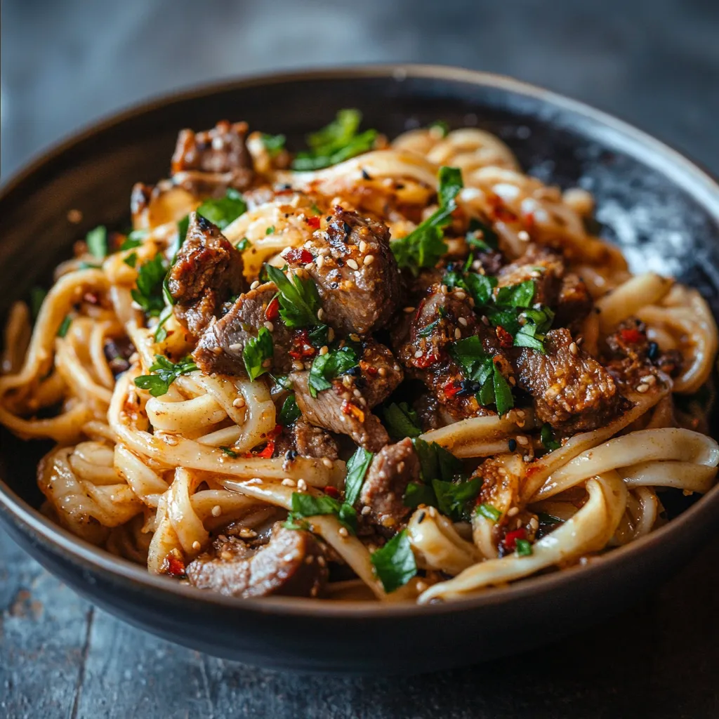 Un bol de nouilles avec viande et légumes.