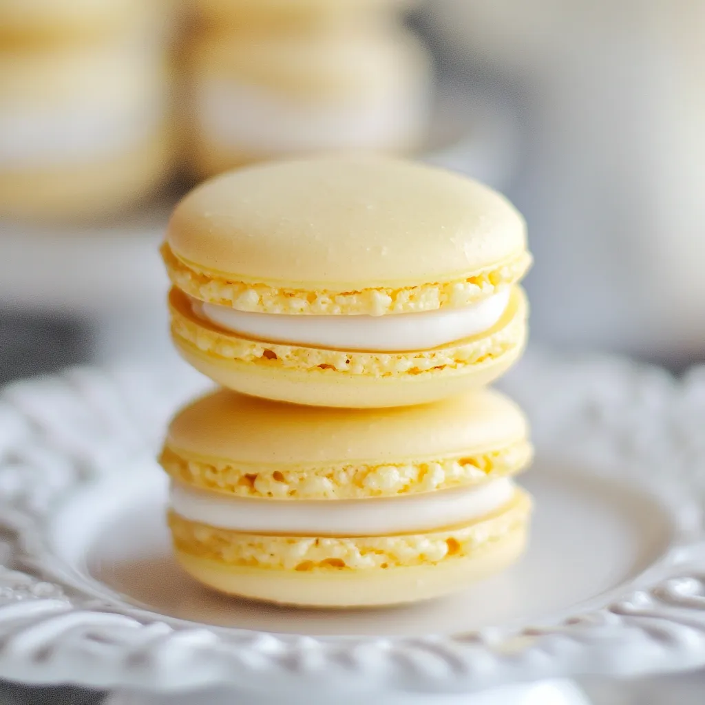 Une pile de macarons jaunes et blancs.