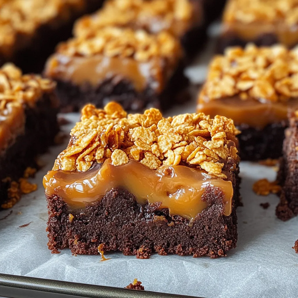 Un carré de gâteau au chocolat avec filet de caramel.