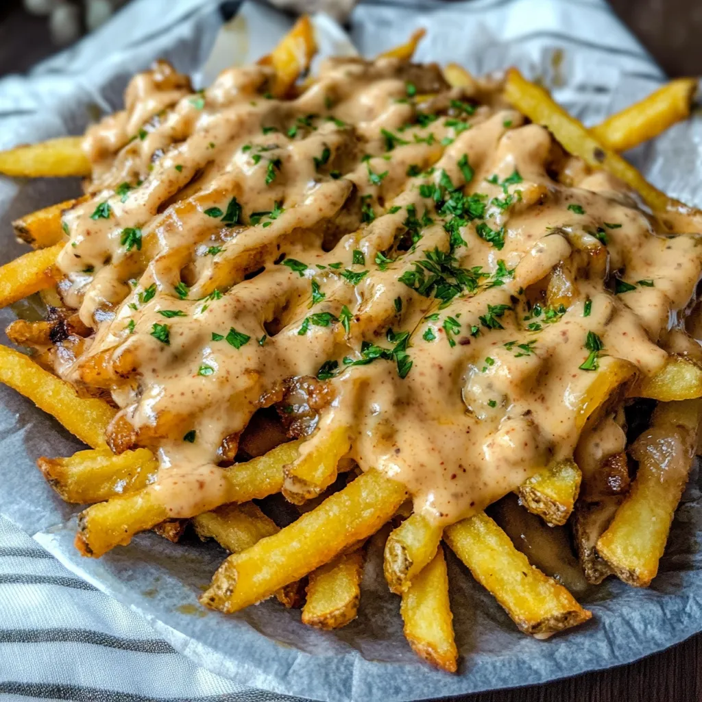 Une assiette de frites avec sauce au fromage.