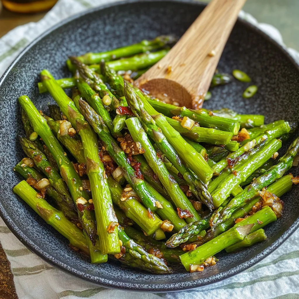 Un bol d'asperges avec une cuillère en bois.