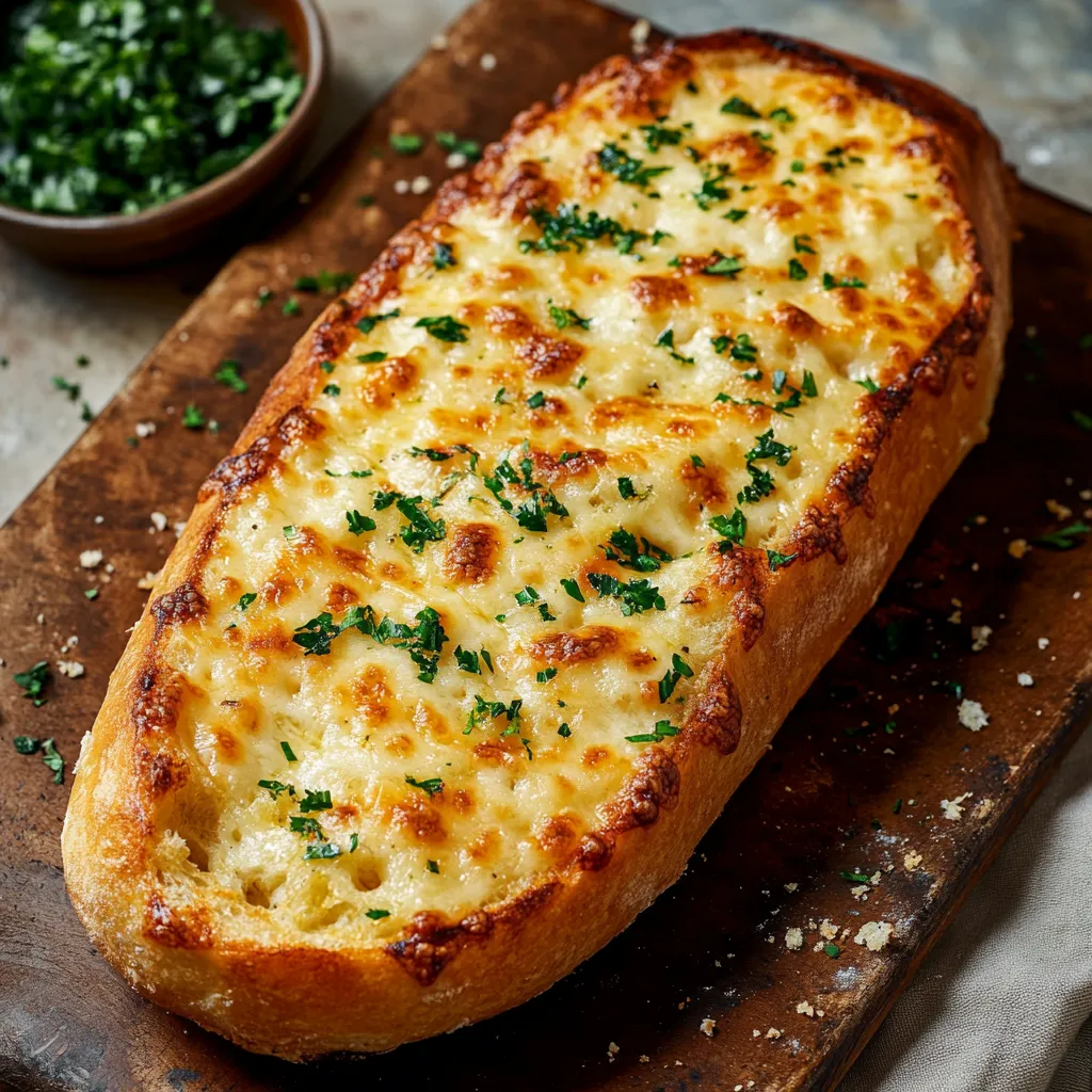 Une tranche de pain au fromage sur une planche à découper en bois.
