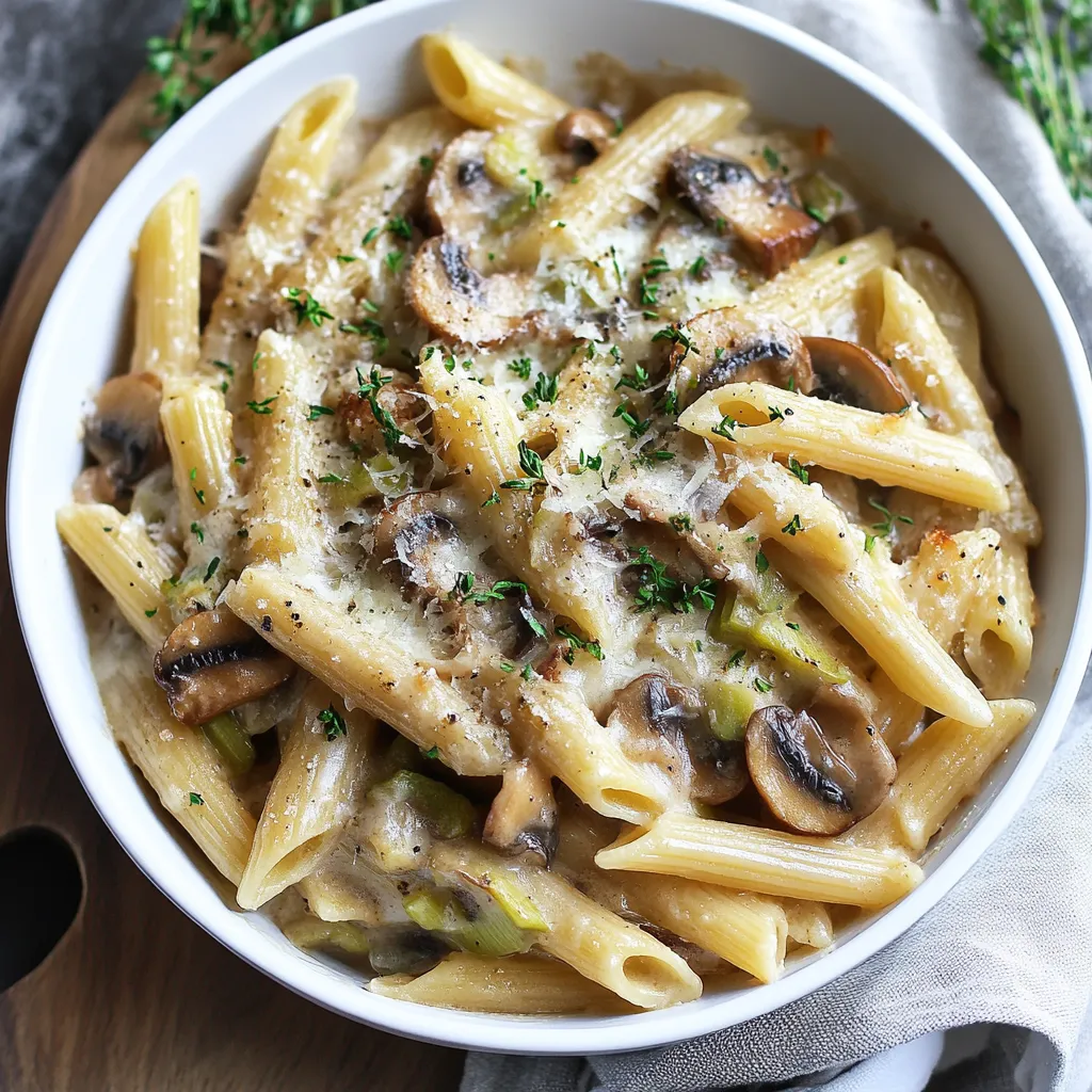Un bol de pâtes avec des champignons et du fromage.