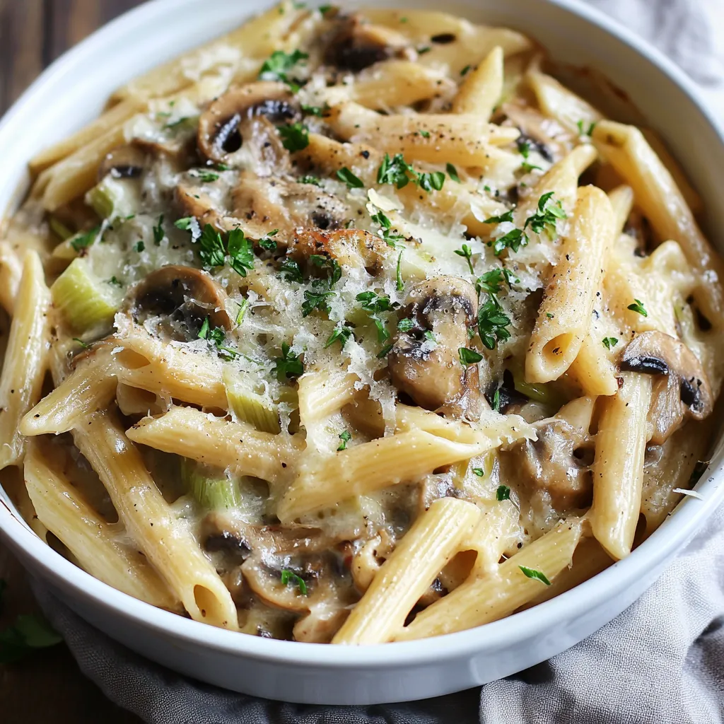 Un plat de pâtes aux champignons et fromage.