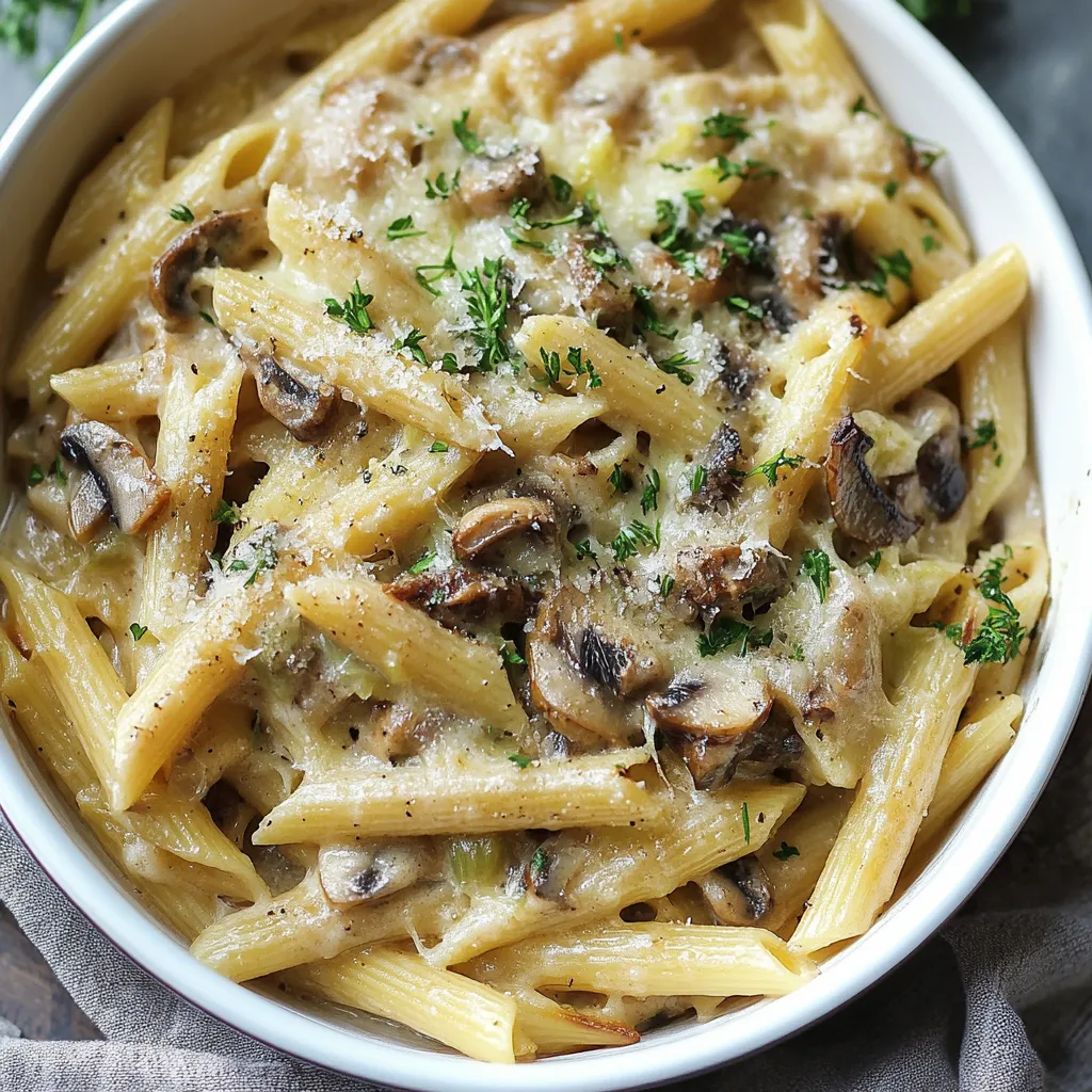 Un plat de pâtes aux champignons et fromage.