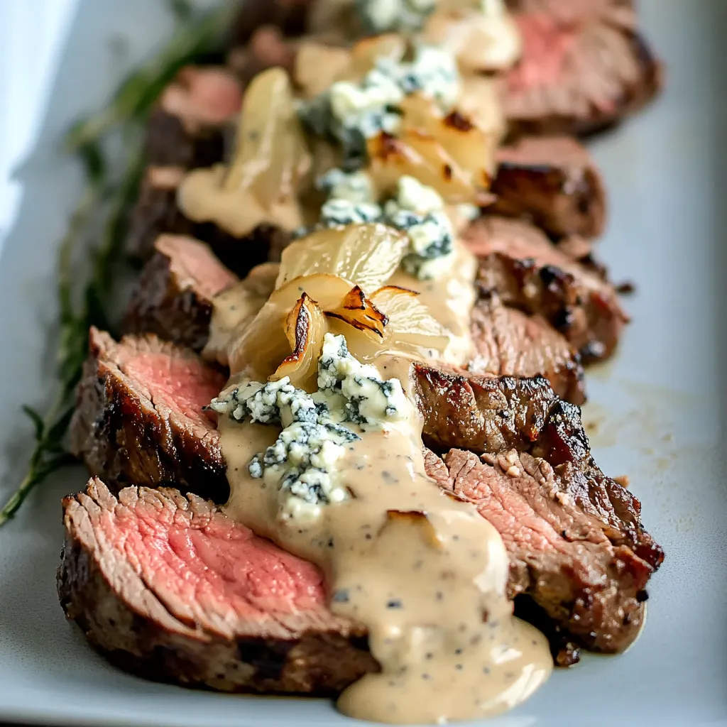 Steak au fromage bleu et oignons.