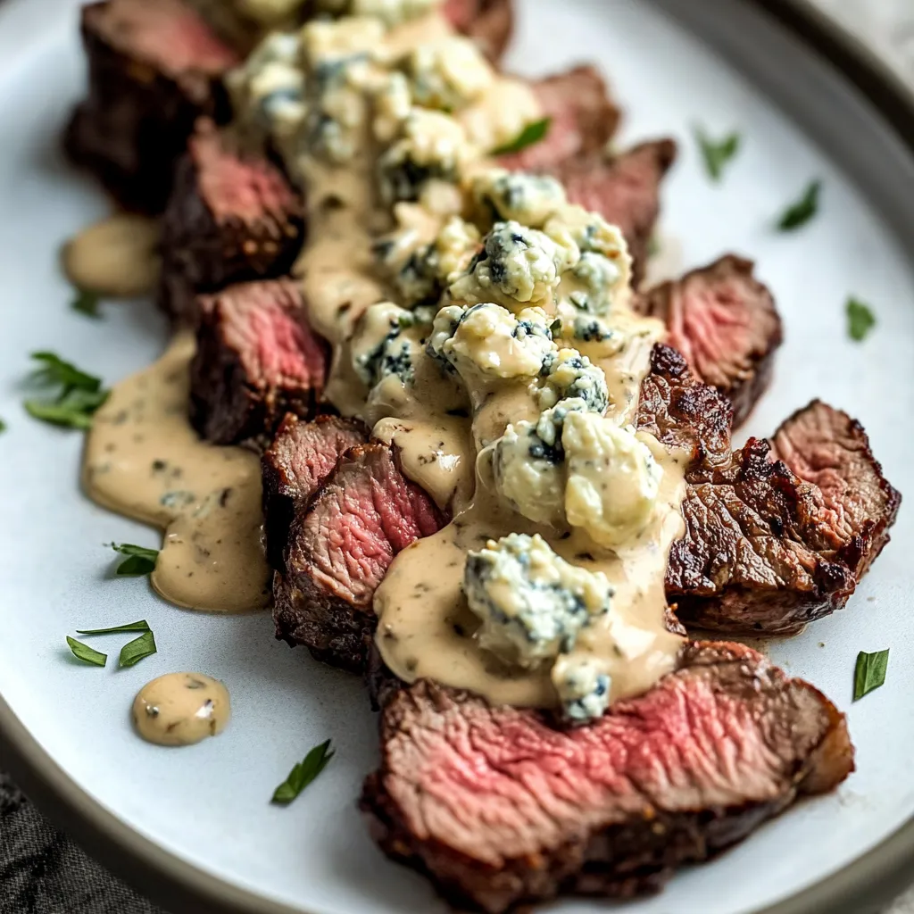 Une assiette de viande avec sauce au fromage bleu.