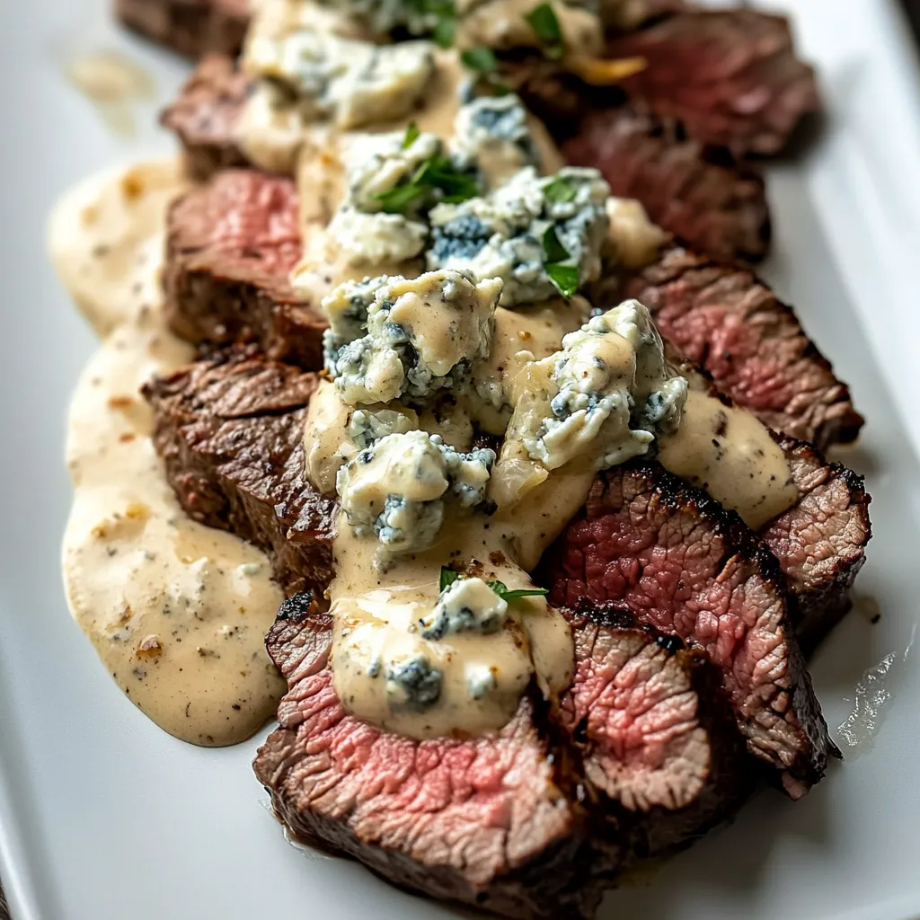 Une assiette de steak avec sauce au fromage bleu.