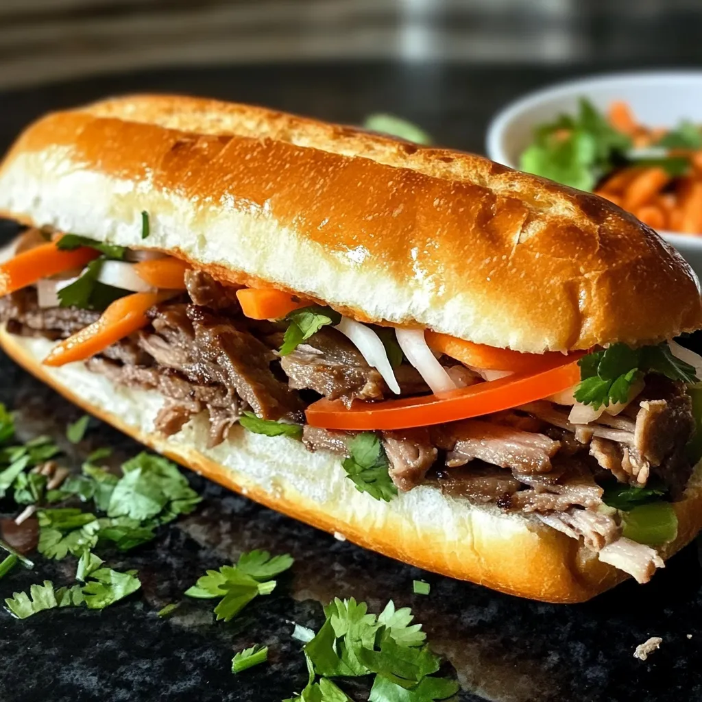 Un sandwich avec viande et légumes sur une table.
