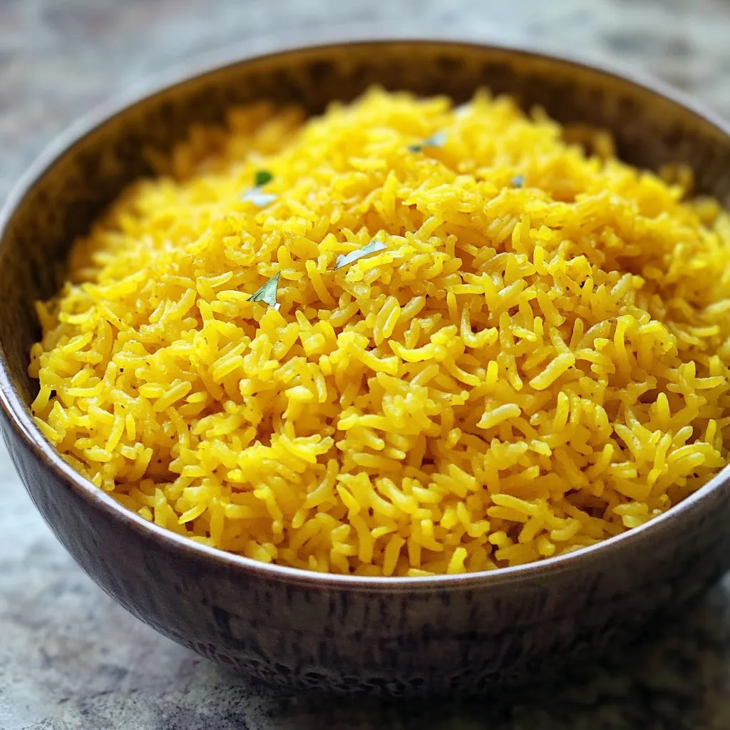 Un bol de riz jaune avec des épices vertes.