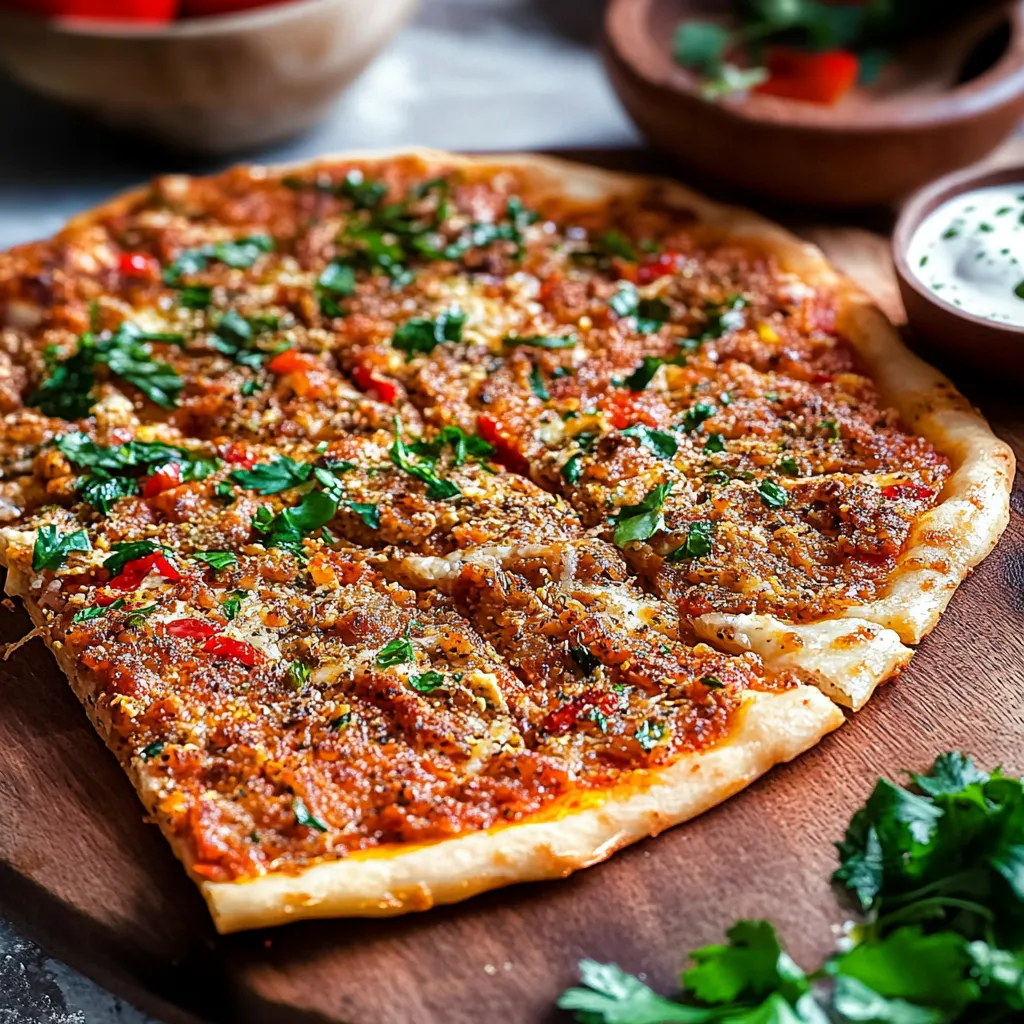 A flatbread topped with flavorful ingredients on a rustic table.