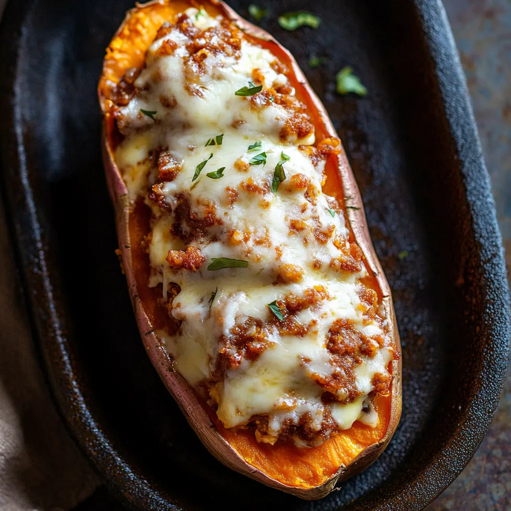 Une patate douce cuite avec du fromage et de la viande.