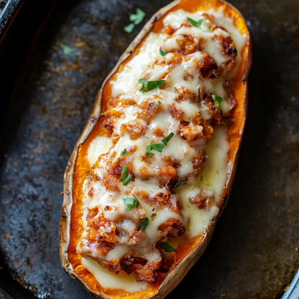 Une pomme de terre cuite avec du fromage et de la viande à l'intérieur.