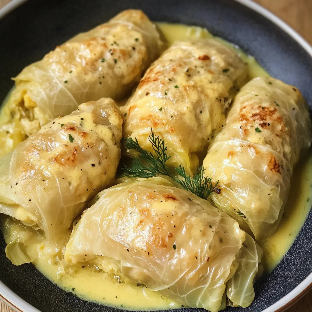 A cozy plate of stuffed cabbage rolls topped with zesty egg-lemon sauce.