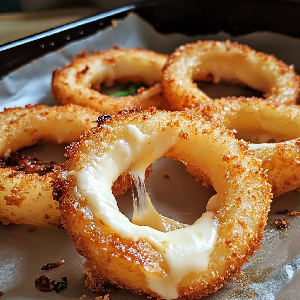 Une assiette de rondelles d'oignon avec du fromage dessus.