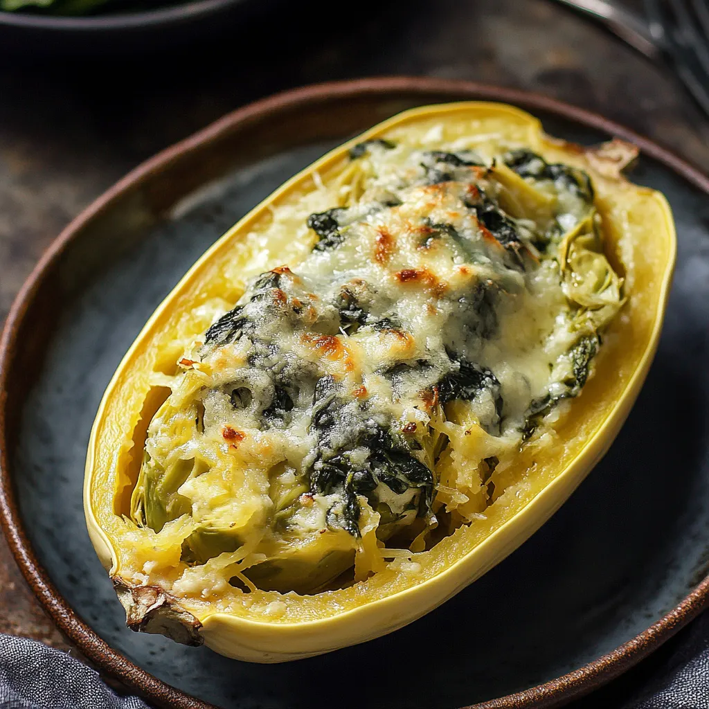 Une courge jaune avec du fromage et des épinards.