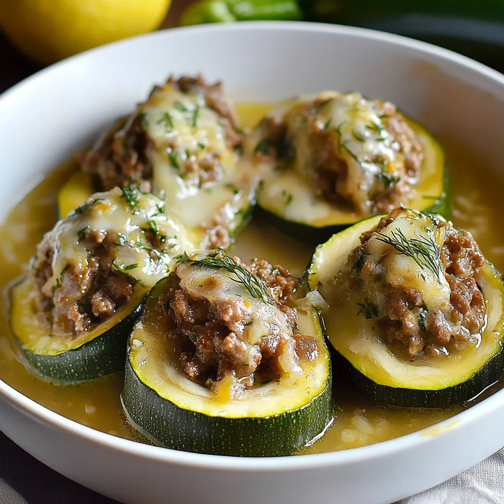 Un bol avec des boulettes de viande et des courgettes.