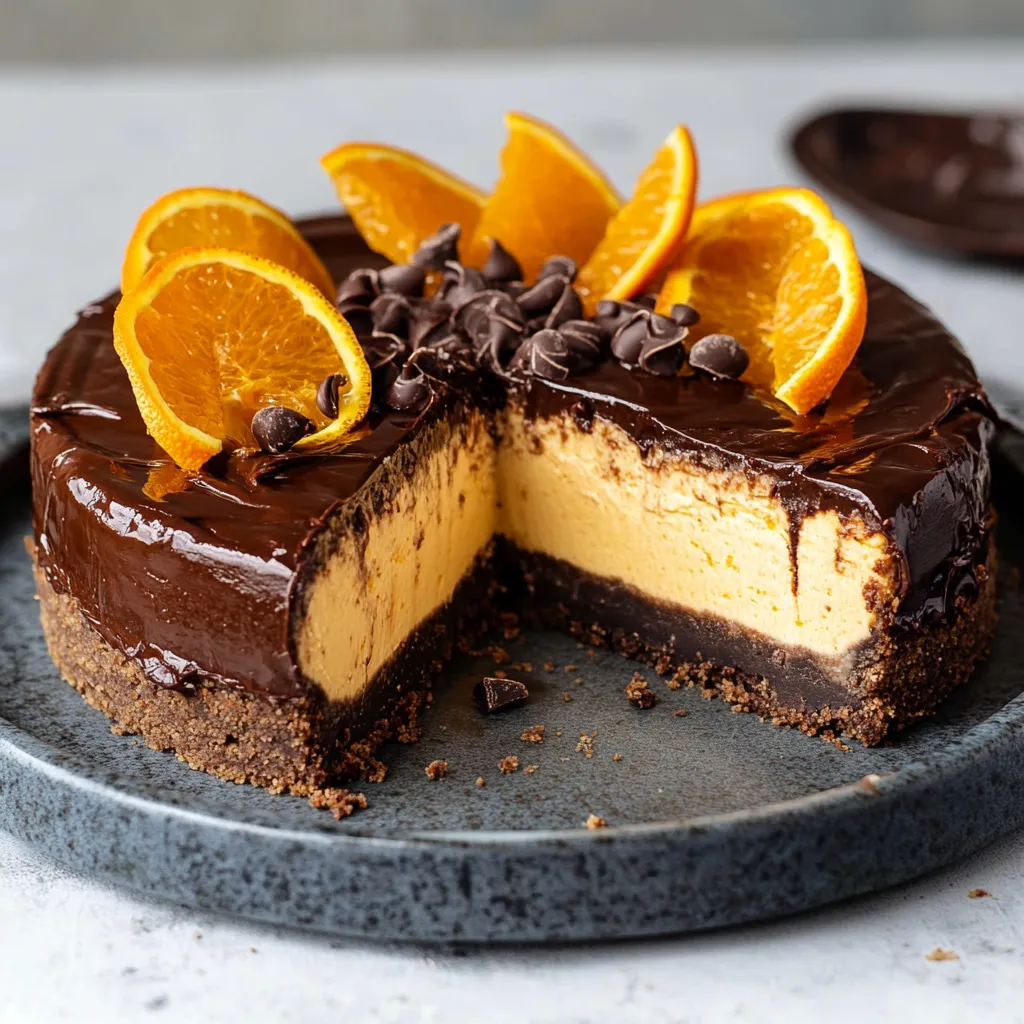Une part de gâteau chocolatée ornée de tranches d'orange.