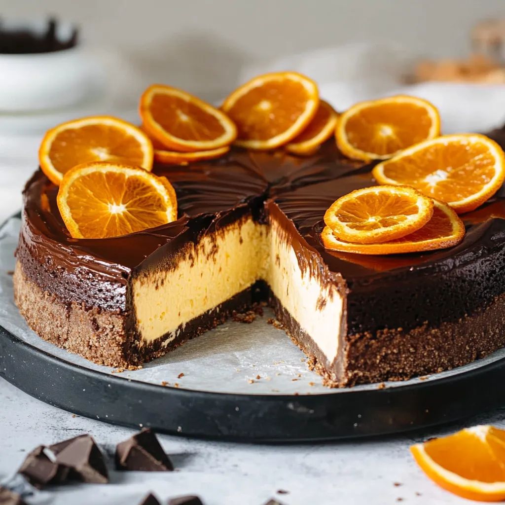 Une part de gâteau au chocolat avec des tranches d'orange sur le dessus.