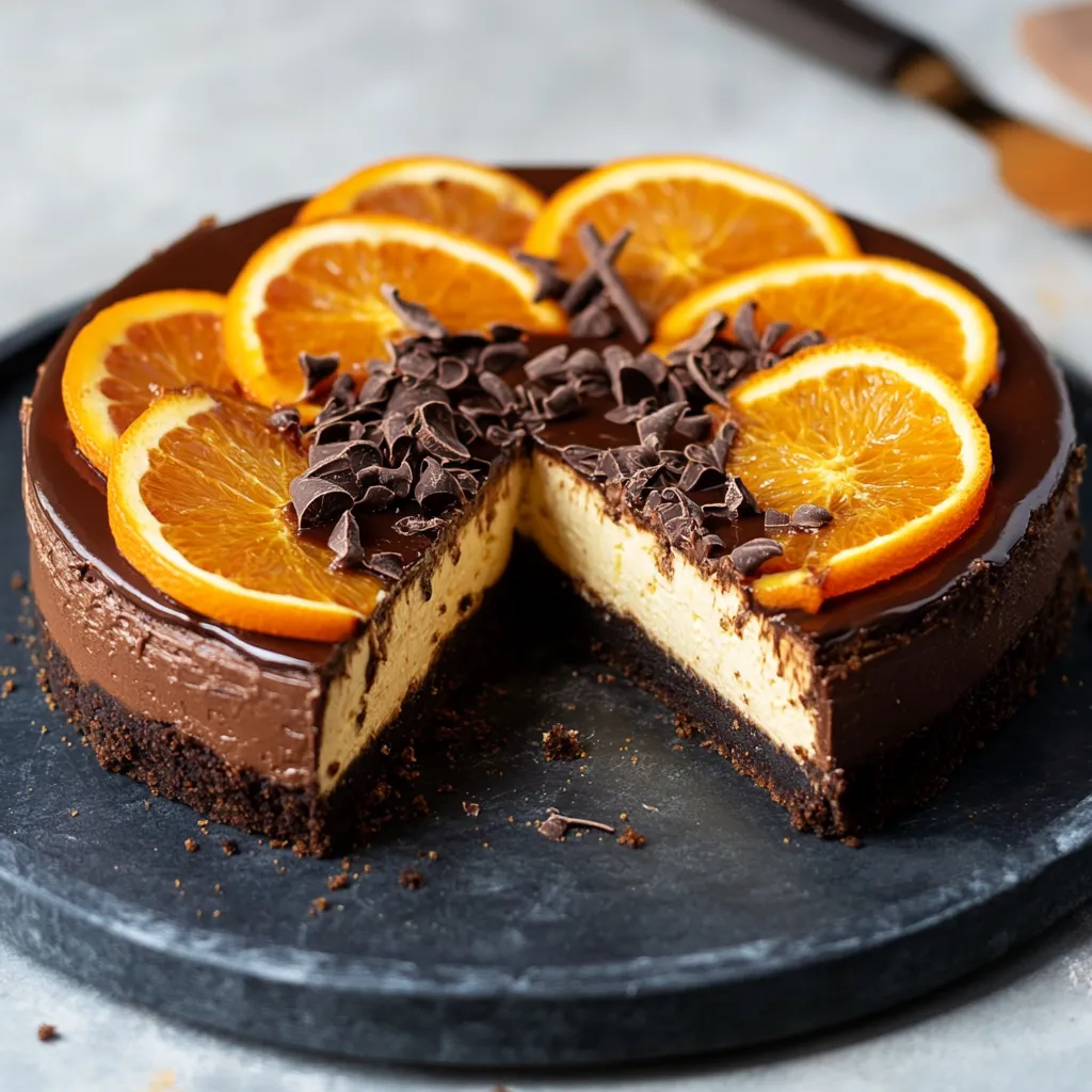 Une part de gâteau au chocolat avec des tranches d'orange sur le dessus.