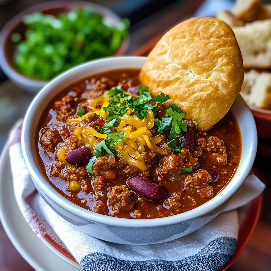 Un bol de chili avec un biscuit dessus.