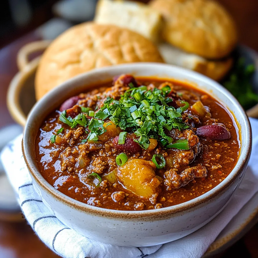 Un bol de chili avec une garniture verte.
