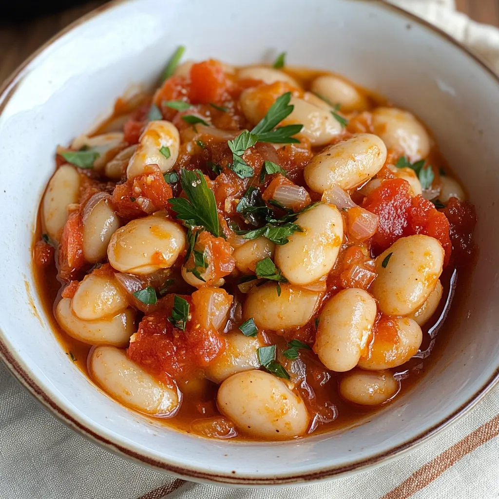 Un bol de haricots avec tomates et herbes.