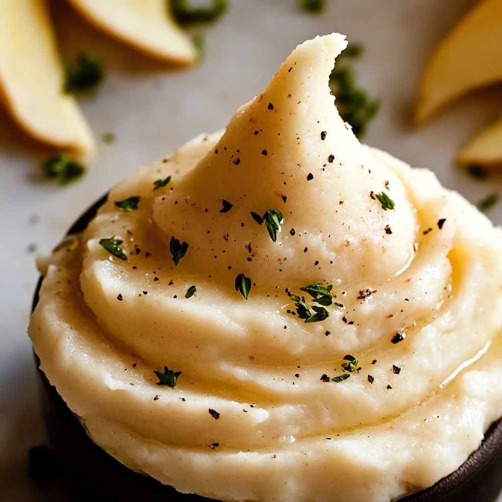 Un monticule blanc de purée avec une garniture verte.