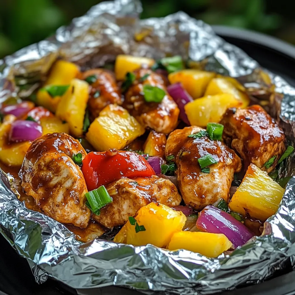 Un plat de poulet et légumes en papillote d'aluminium.
