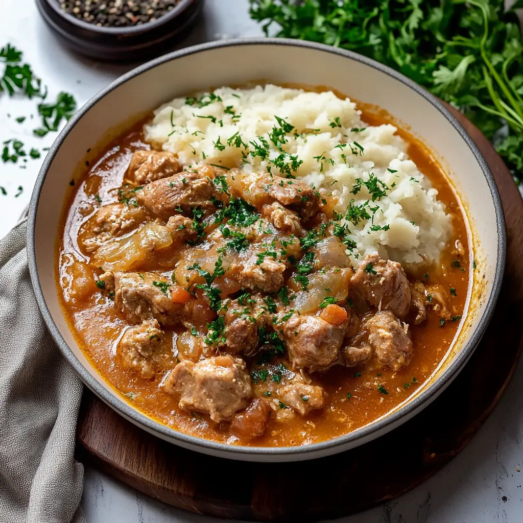 Un bol avec viande et purée.