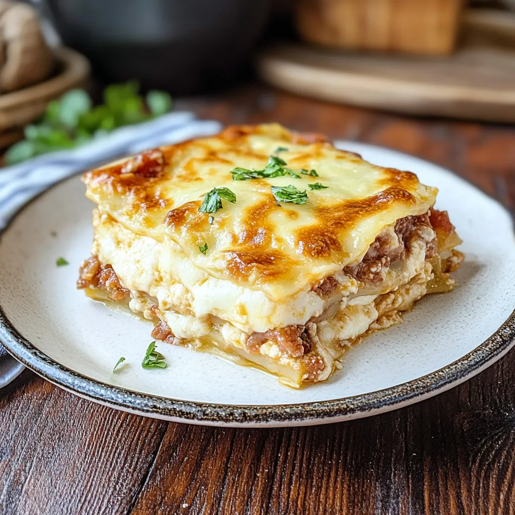 Une portion de lasagne sur une assiette.