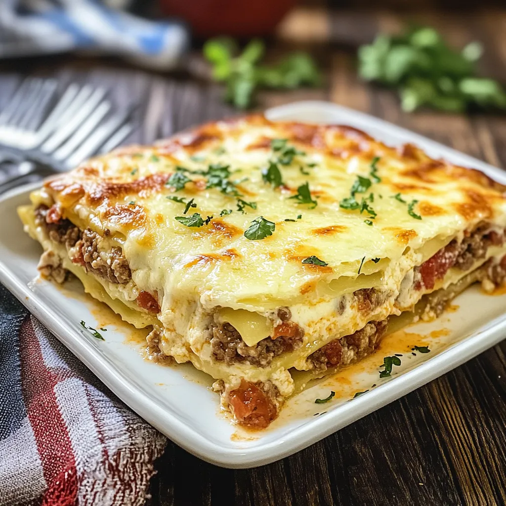 Une assiette blanche avec des lasagnes.