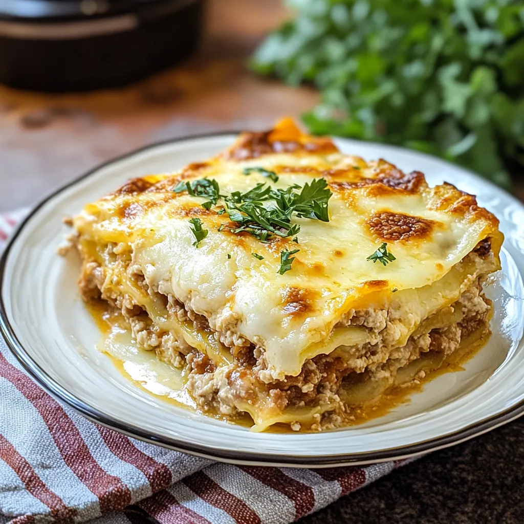 Une assiette de lasagnes avec du fromage et des herbes.