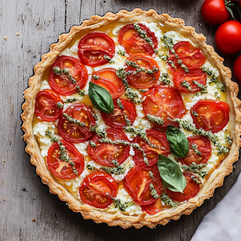 Une tarte garnie de tomates et basilic.