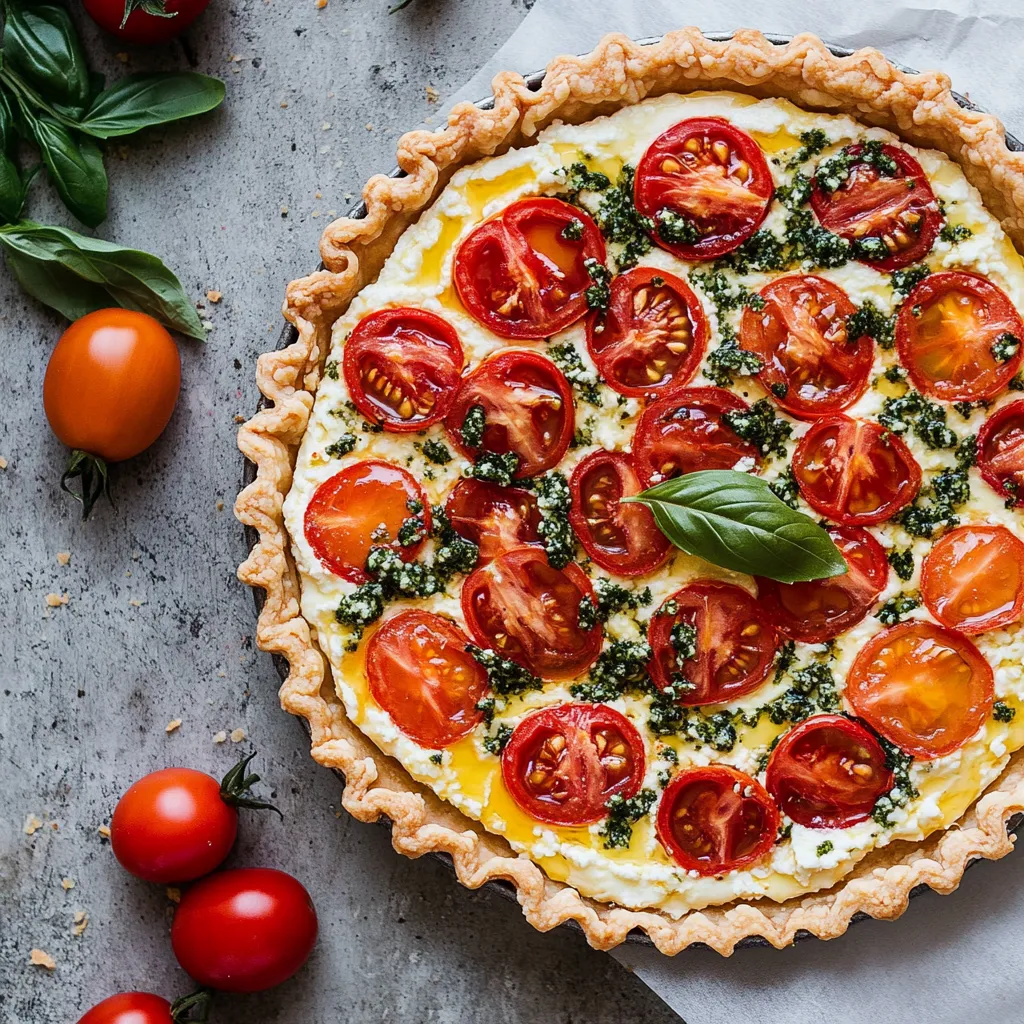 Une pizza avec des tomates et du basilic.