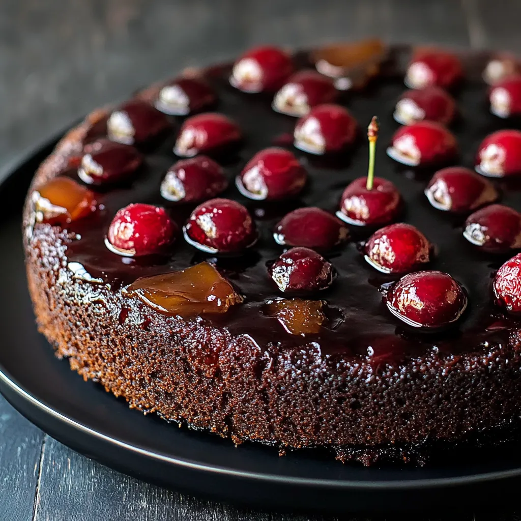 Un gâteau au chocolat avec des cerises sur le dessus.