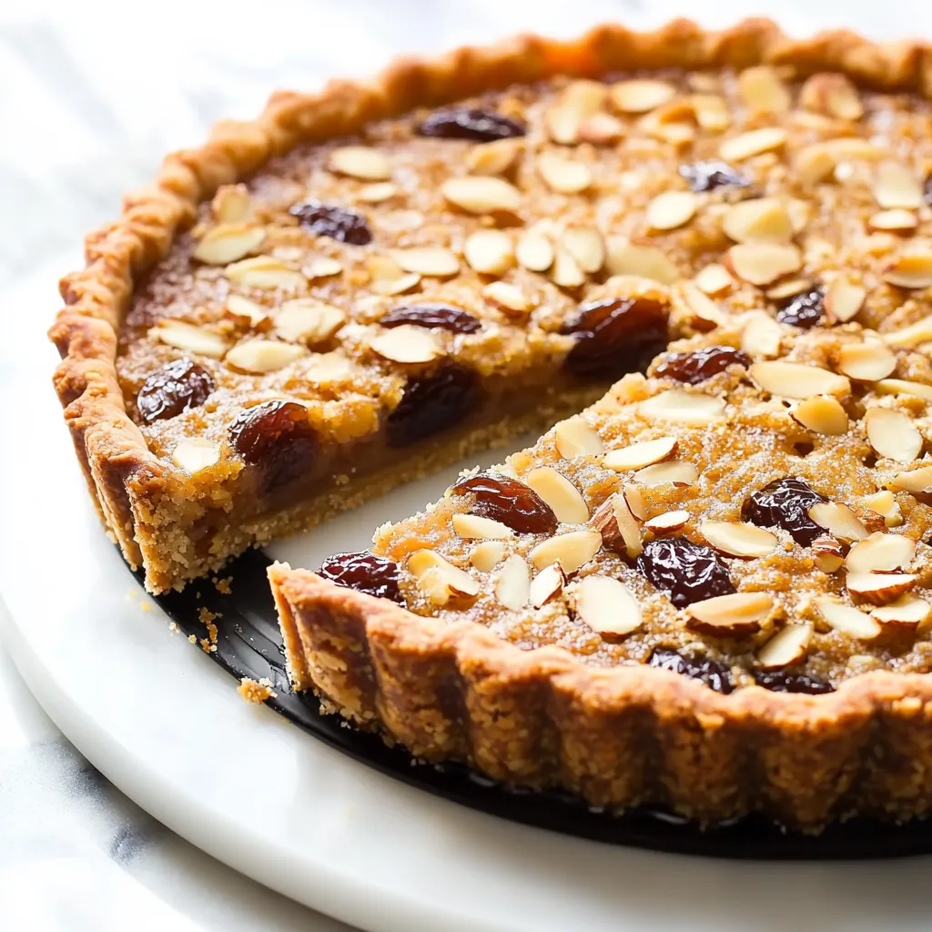 Une part de tarte avec des amandes et raisins secs.