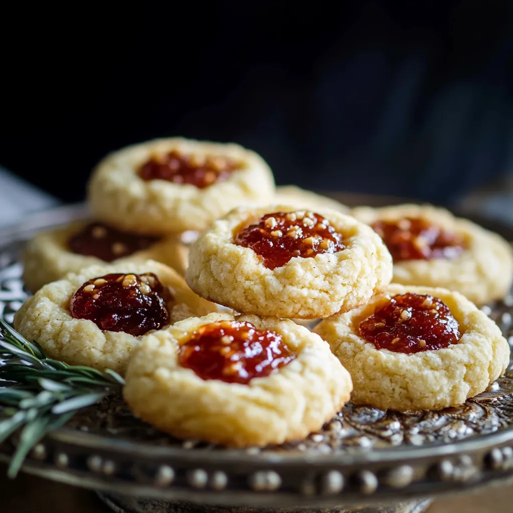 Une assiette de biscuits avec de la confiture au centre.