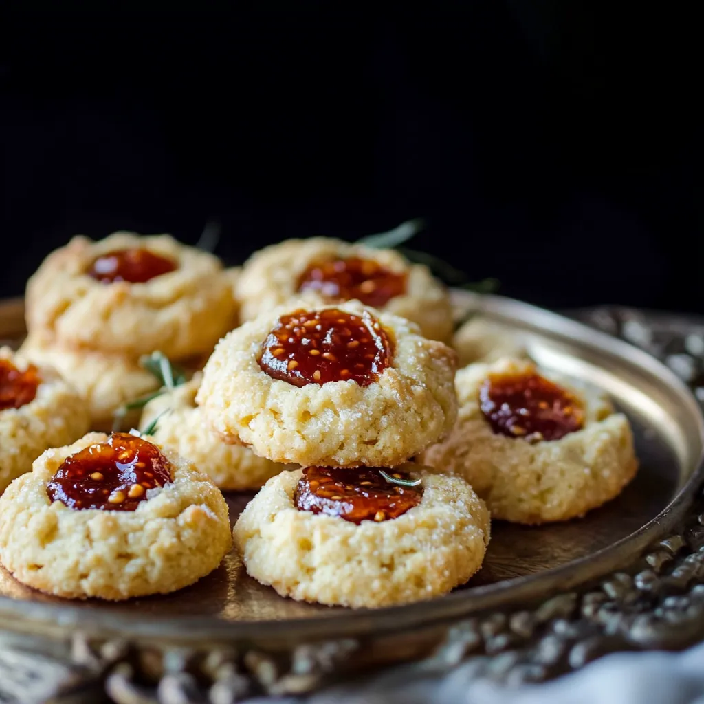 Une assiette de biscuits avec de la confiture dessus.