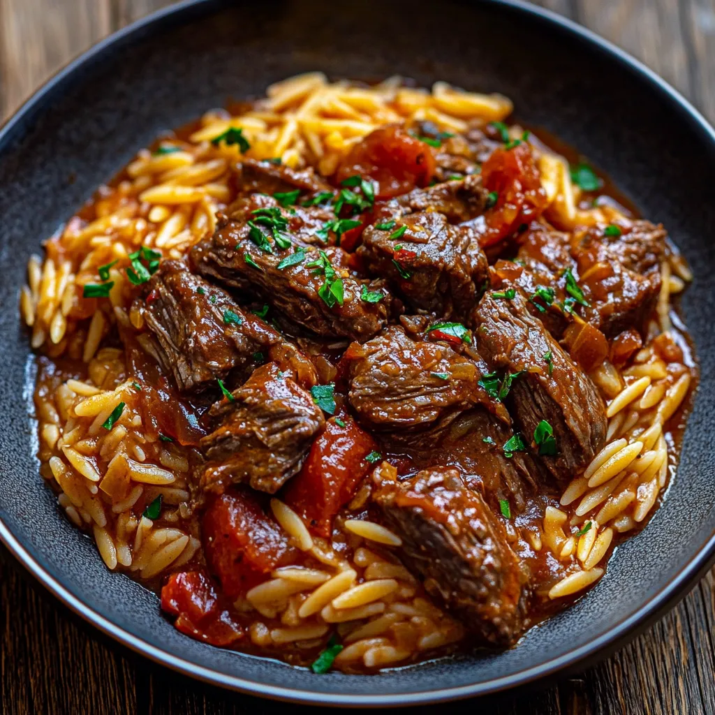 Un bol de ragoût de bœuf avec des pâtes.