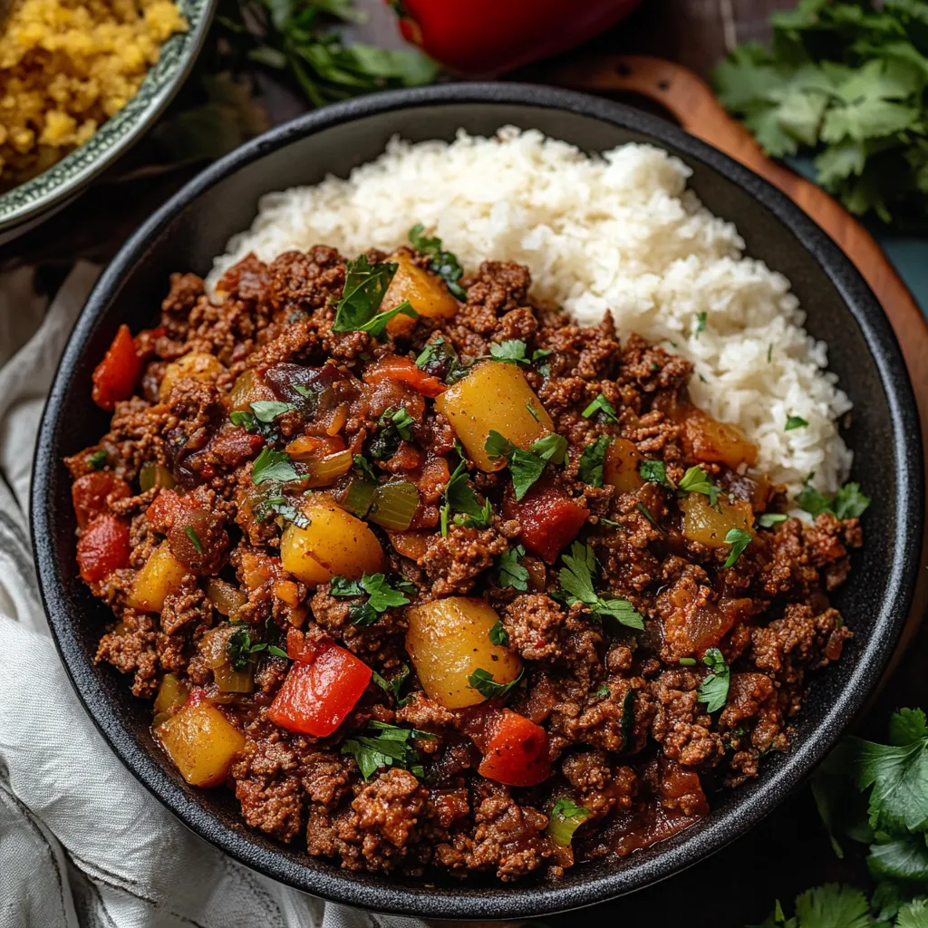 Un bol de ragoût de boeuf avec riz.