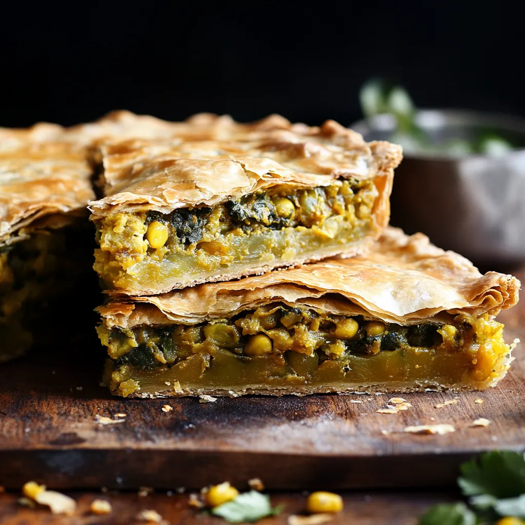 Une part de tourte avec du maïs et des légumes verts.