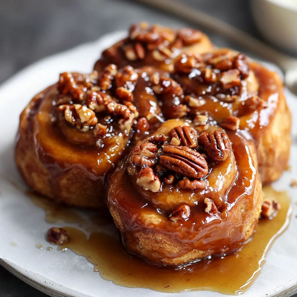 Deux buns au caramel et noix de pécan sur une assiette.