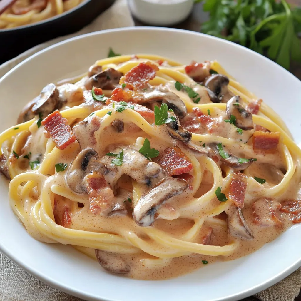 Assiette de pâtes aux champignons et bacon.
