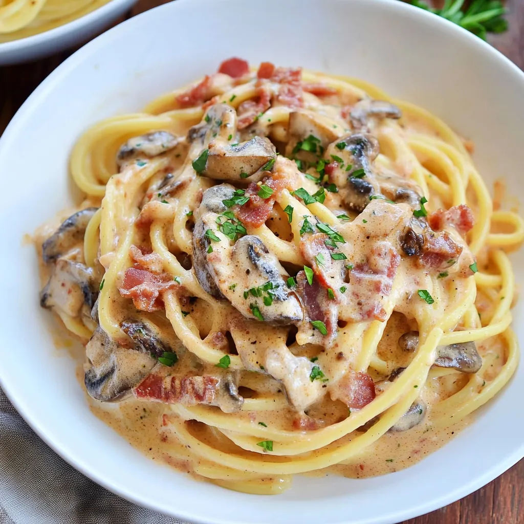 Un bol de pâtes avec champignons et lardons.