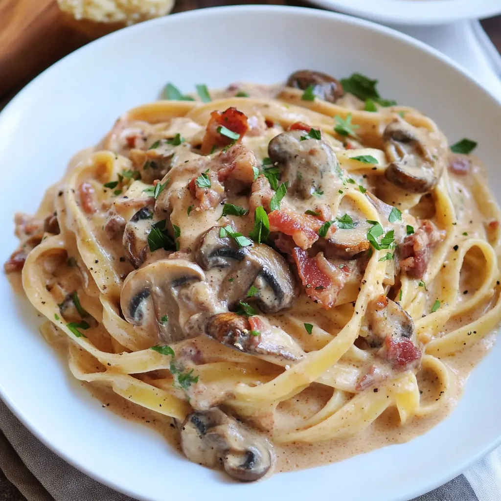 Une assiette de pâtes avec champignons et lardons.