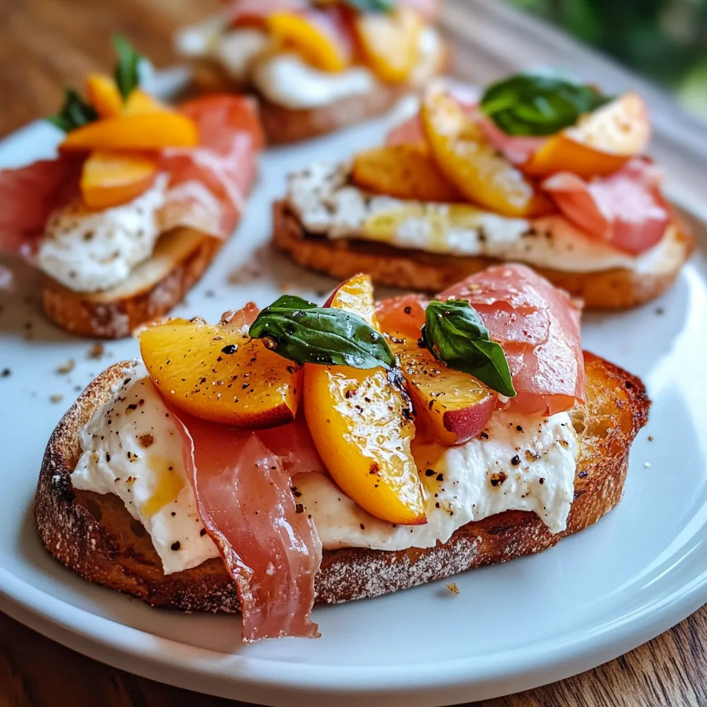 Une assiette de pain grillé avec des pêches et du fromage.