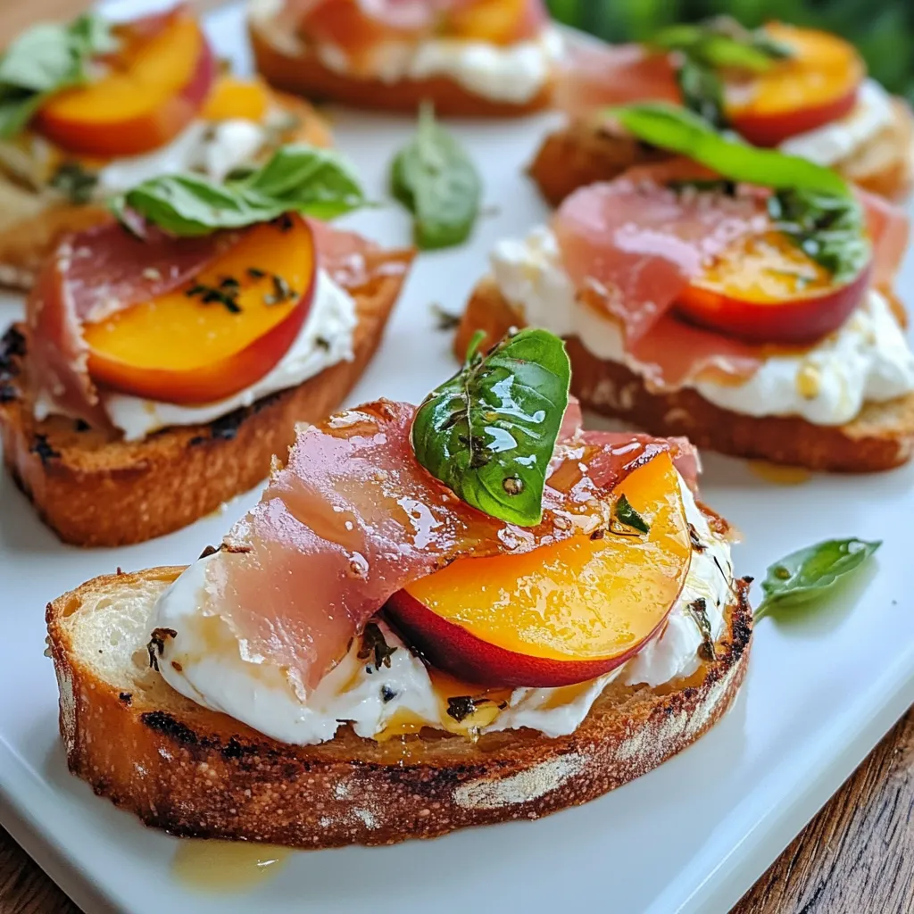 Une assiette de toast avec des pêches et du jambon par-dessus.