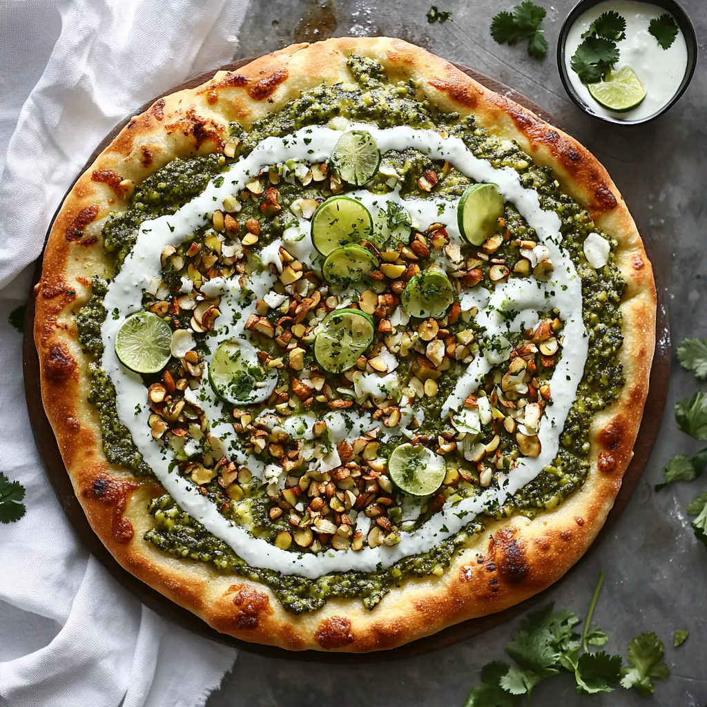 Une pizza garnie de légumes verts et d'une sauce blanche.
